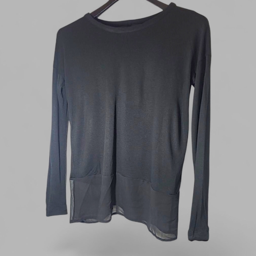 Rag & Bone Long Sleeve Modal Silk Mixed Media Distressed Top Sheer Trim Size S